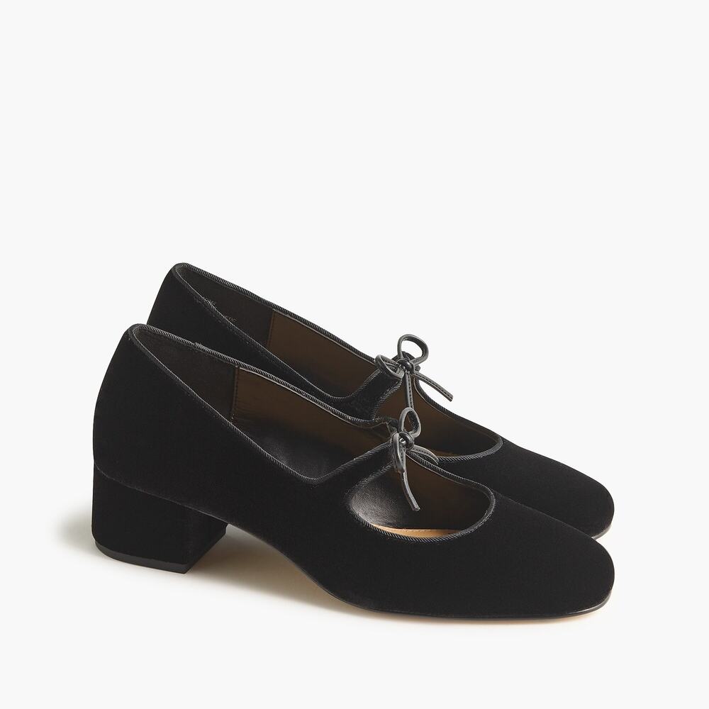 NEW J Crew Factory Velvet Bow Tie–Heeled Mary Jane Shoes Black 7.5
